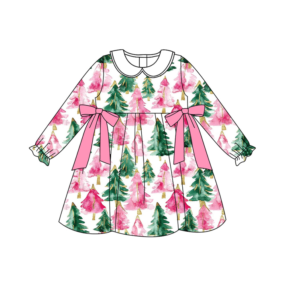 (Pre-order)GLD1246 Tree Pink Print Girls Christmas Knee Length Dress