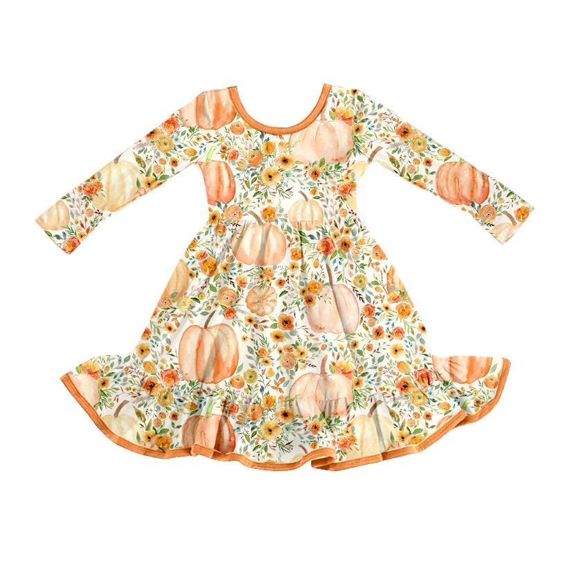 (Pre-order)GLD1248 Pumpkin Flowers Print Girls Fall Knee Length Dress