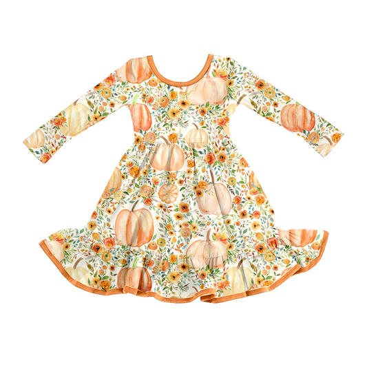 (Pre-order)GLD1248 Pumpkin Flowers Print Girls Fall Knee Length Dress