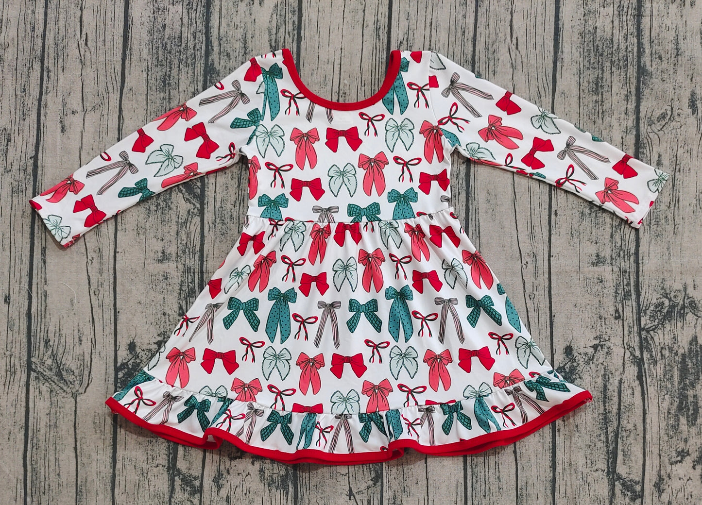 (Pre-order)GLD1250 Red Green Bows Print Girls Christmas Knee Length Dress