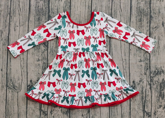(Pre-order)GLD1250 Red Green Bows Print Girls Christmas Knee Length Dress