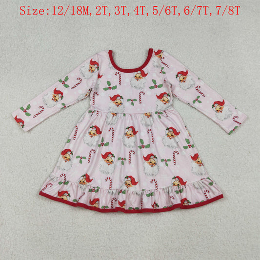 GLD1251 Santa Holly Print Girls Christmas Knee Length Dress