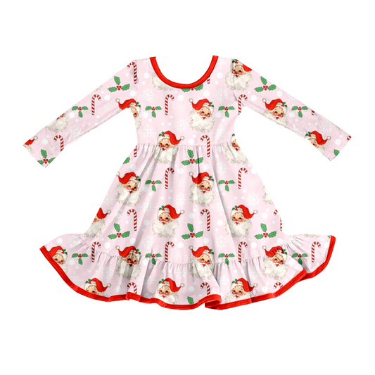 (Pre-order)GLD1251 Santa Holly Print Girls Christmas Knee Length Dress