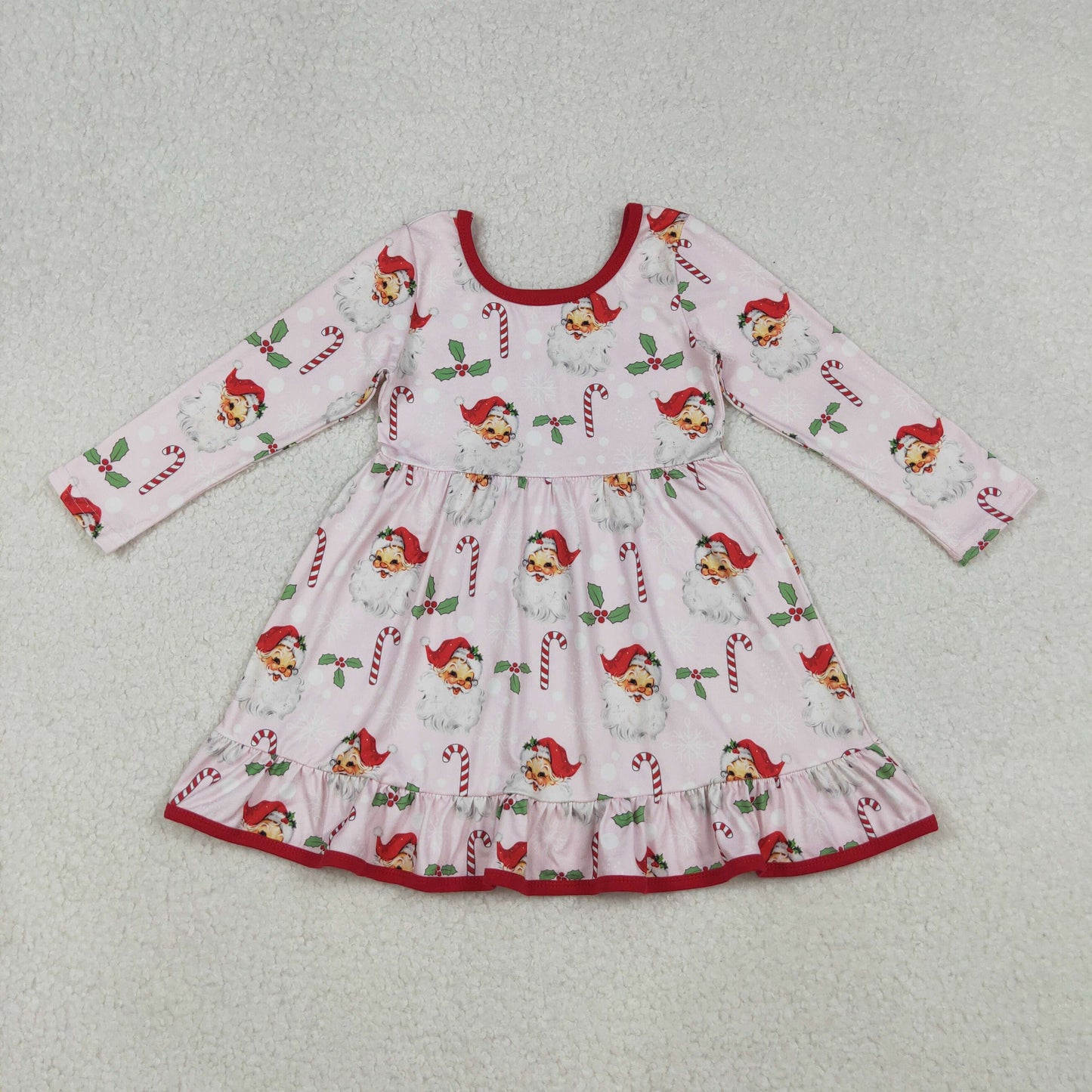 GLD1251 Santa Holly Print Girls Christmas Knee Length Dress