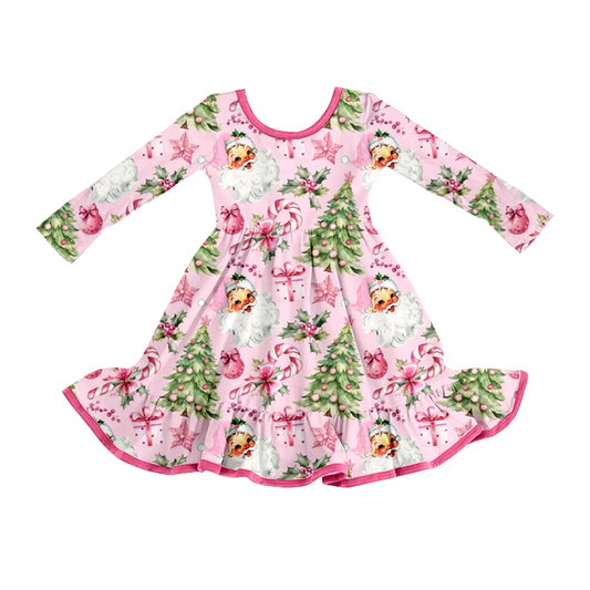 (Pre-order)GLD1252 Santa Holly Tree Print Girls Christmas Knee Length Dress