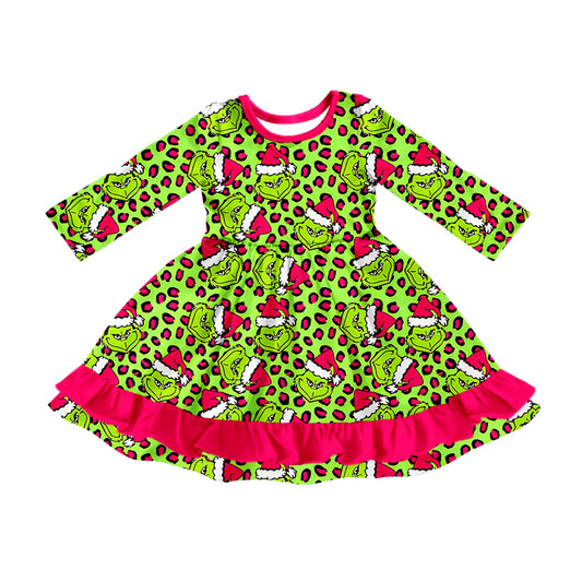(Pre-order)GLD1253 Green Frog Leopard Print Girls Christmas Knee Length Dress