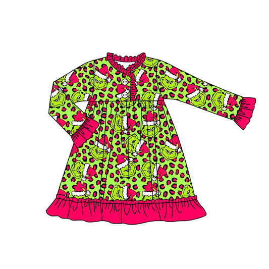 (Pre-order)GLD1254 Green Frog Leopard Print Girls Christmas Knee Length Pajamas Gown Dress