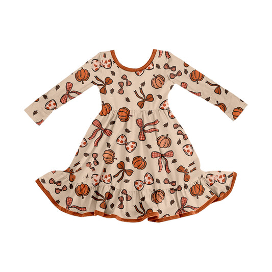 (Pre-order)GLD1255 Pumpkin Bows Print Girls Fall Knee Length Dress