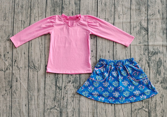 (Pre-order)GLD1256 Pink Top Flowers Pockets Skirts Girls Clothes Set