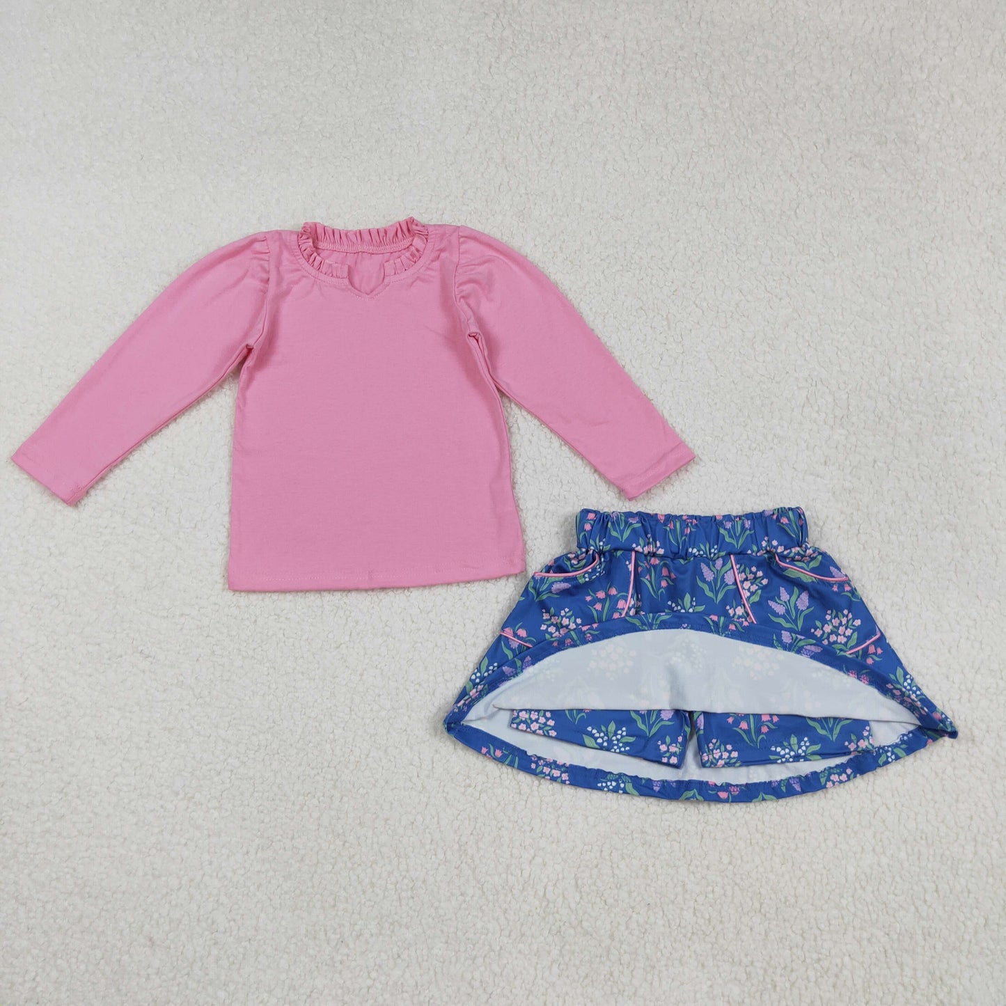 GLD1256 Pink Top Flowers Pockets Skirts Shorts Girls Clothes Set