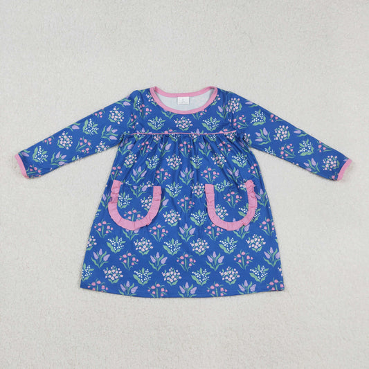 GLD1257 Flowers Print Pockets Girls Long Sleeve Knee Length Dress