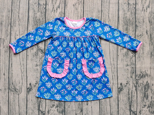 (Pre-order)GLD1257 Flowers Print Pockets Girls Long Sleeve Knee Length Dress
