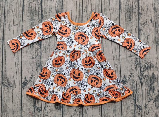 (Pre-order)GLD1258 Pumpkin Candy Web Print Girls Halloween Knee Length Dress