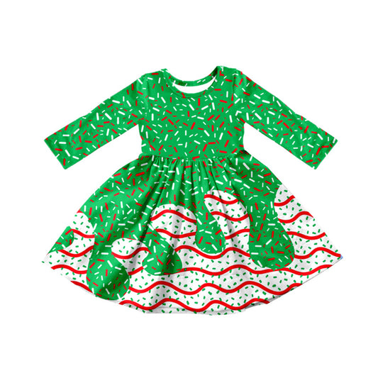 (Pre-order)GLD1260 Debbie Cake Sprinkles Green Print Girls Christmas Knee Length Dress