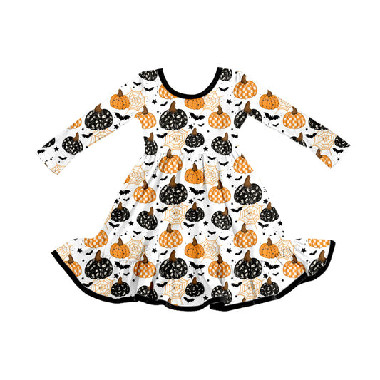 (Pre-order)GLD1261 Spooky Bat Pumpkin Print Girls Halloween Knee Length Dress
