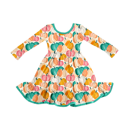 (Pre-order)GLD1264 Colorful Pumpkin Print Girls Fall Knee Length Dress