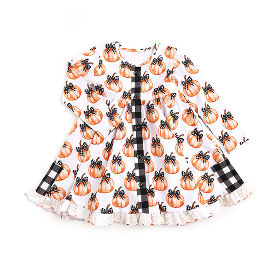 (Pre-order)GLD1266 Pumpkin Bows Print Pockets Girls Fall Knee Length Dress