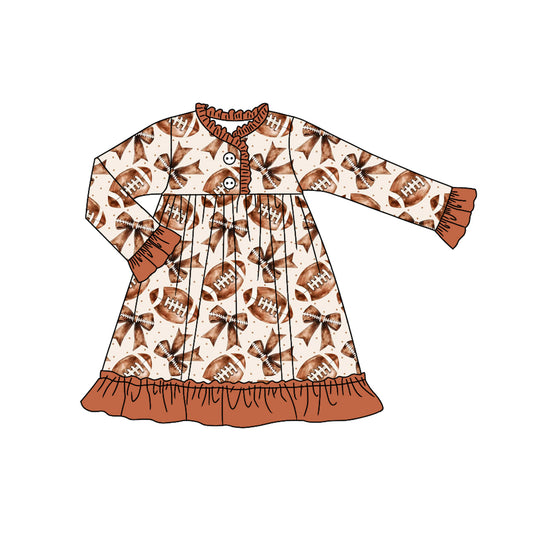 (Pre-order)GLD1267 Football Bows Brown Print Girls Fall Knee Length Pajamas Gown Dress