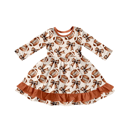 (Pre-order)GLD1268 Football Bows Brown Print Girls Fall Knee Length Dress