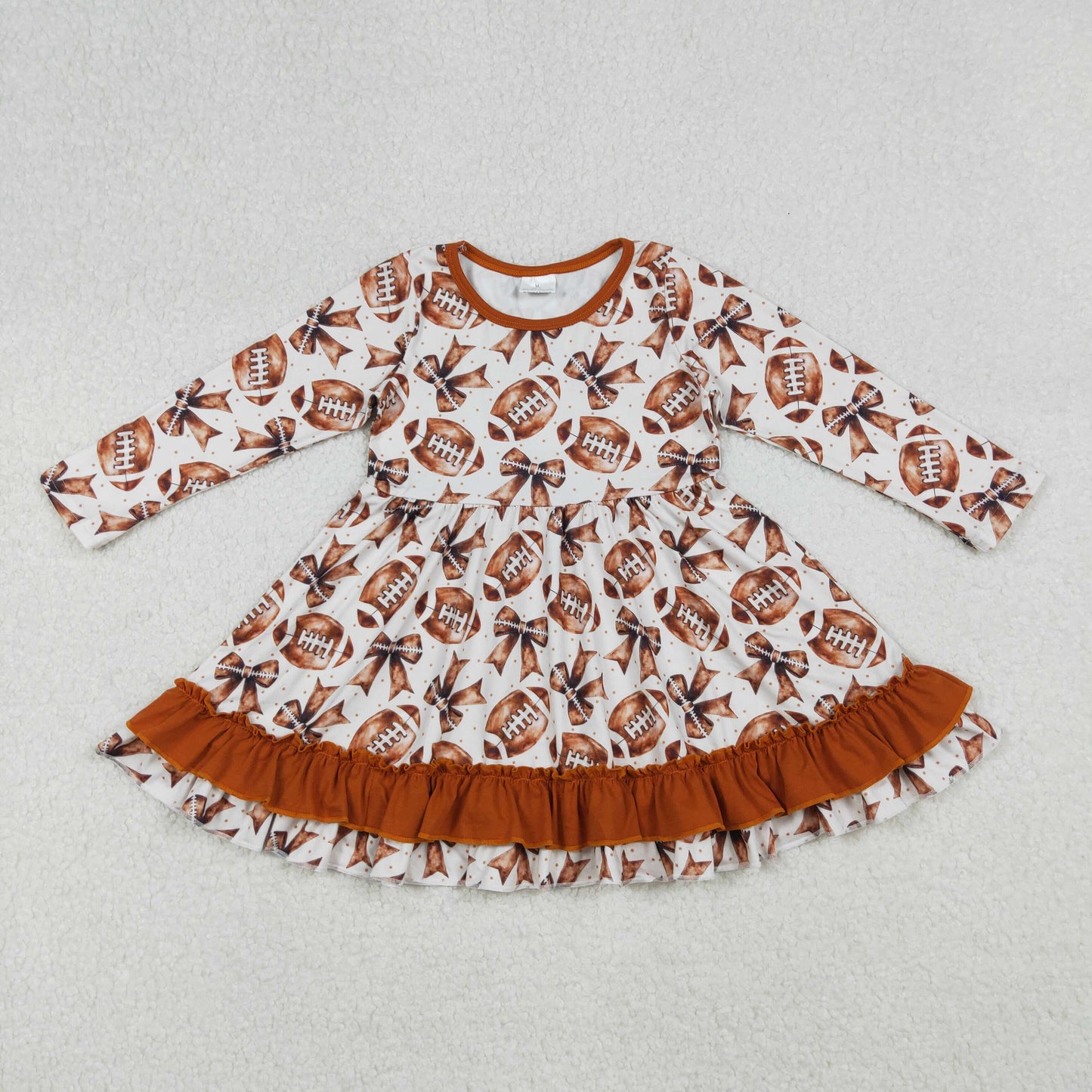 GLD1268 Football Bows Brown Print Girls Fall Knee Length Dress