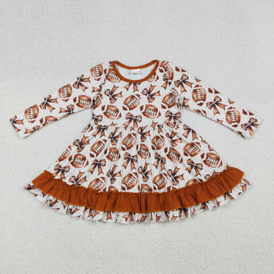 GLD1268 Football Bows Brown Print Girls Fall Knee Length Dress