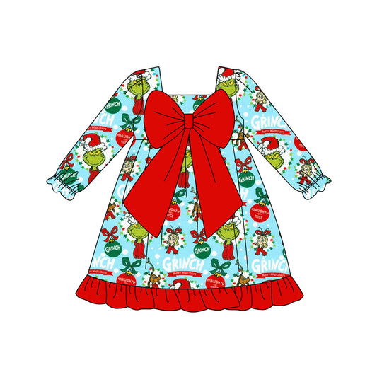 (Pre-order)GLD1269 Green Frog Blue Print Girls Christmas Knee Length Bow Dress