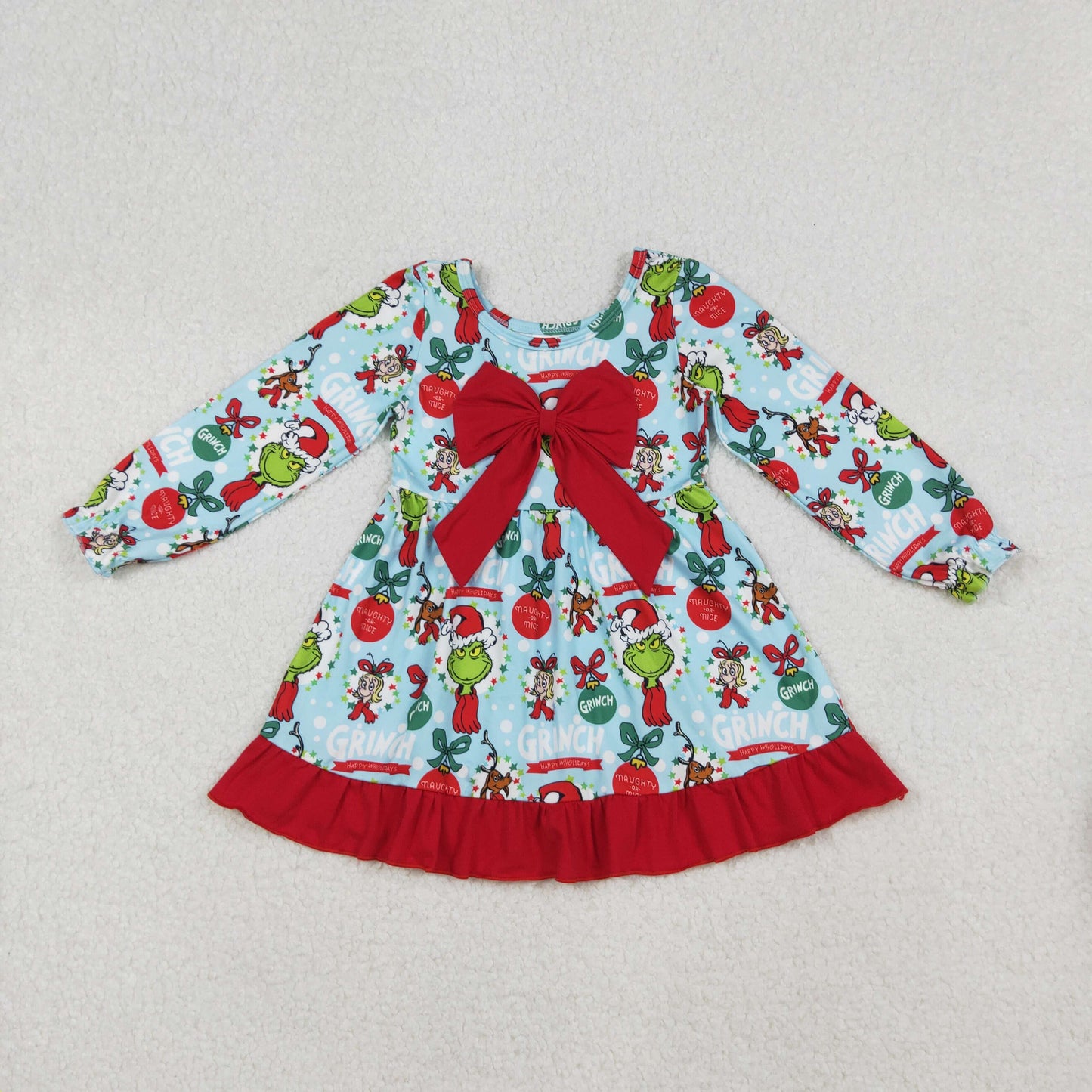 GLD1269 Green Frog Blue Print Girls Christmas Knee Length Bow Dress