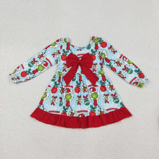 GLD1269 Green Frog Blue Print Girls Christmas Knee Length Bow Dress