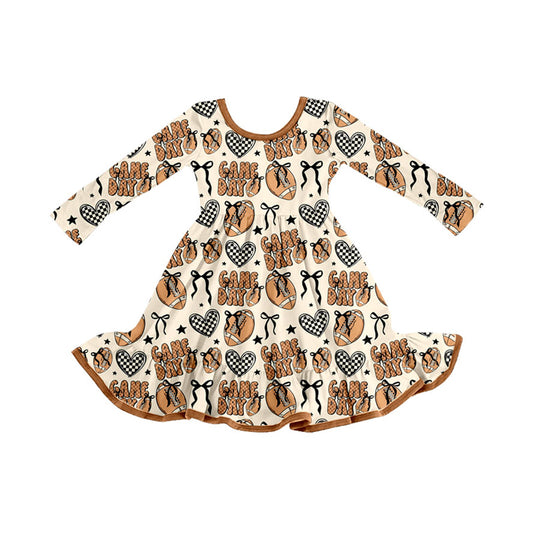 (Pre-order)GLD1270 Game Day Football Bows Brown Print Girls Fall Knee Length Dress