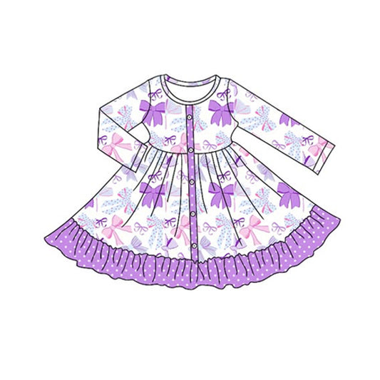 (Pre-order)GLD1271 Purple Bows Print Girls Fall Knee Length Dress
