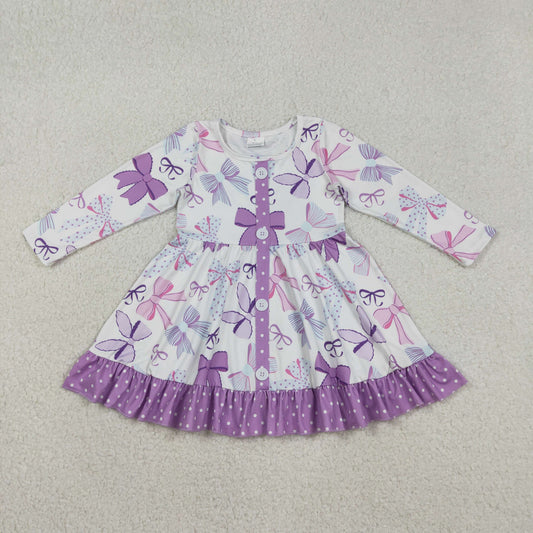 GLD1271 Purple Bows Print Girls Long Sleeve Knee Length Dress