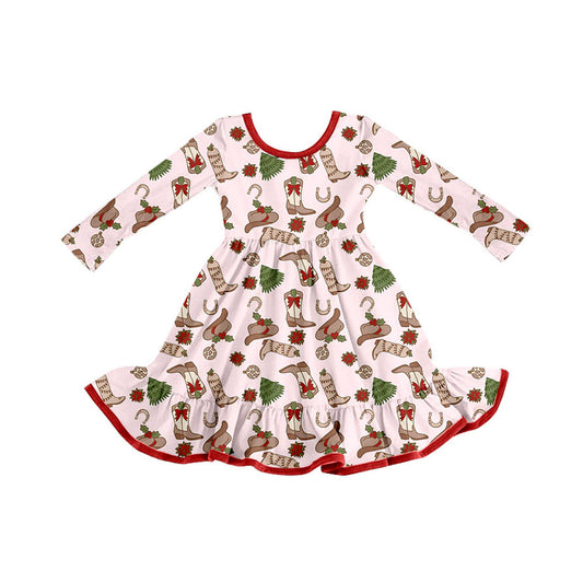 (Pre-order)GLD1274 Boots Hat Holly Print Girls Christmas Knee Length Dress