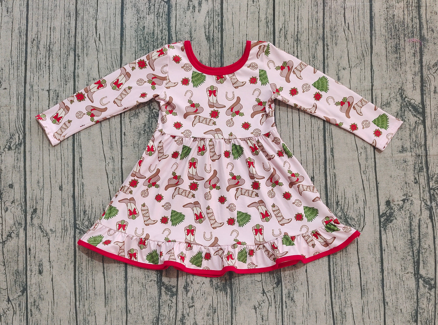 (Pre-order)GLD1274 Boots Hat Holly Print Girls Christmas Knee Length Dress