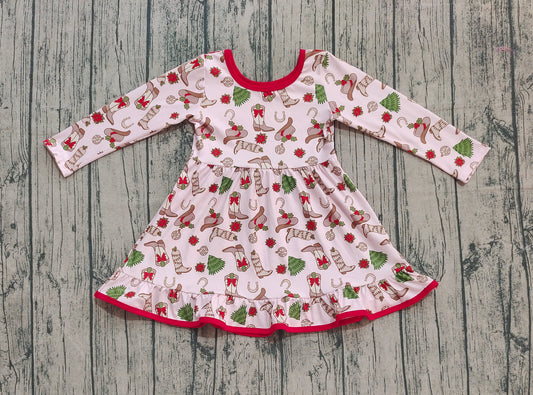 (Pre-order)GLD1274 Boots Hat Holly Print Girls Christmas Knee Length Dress