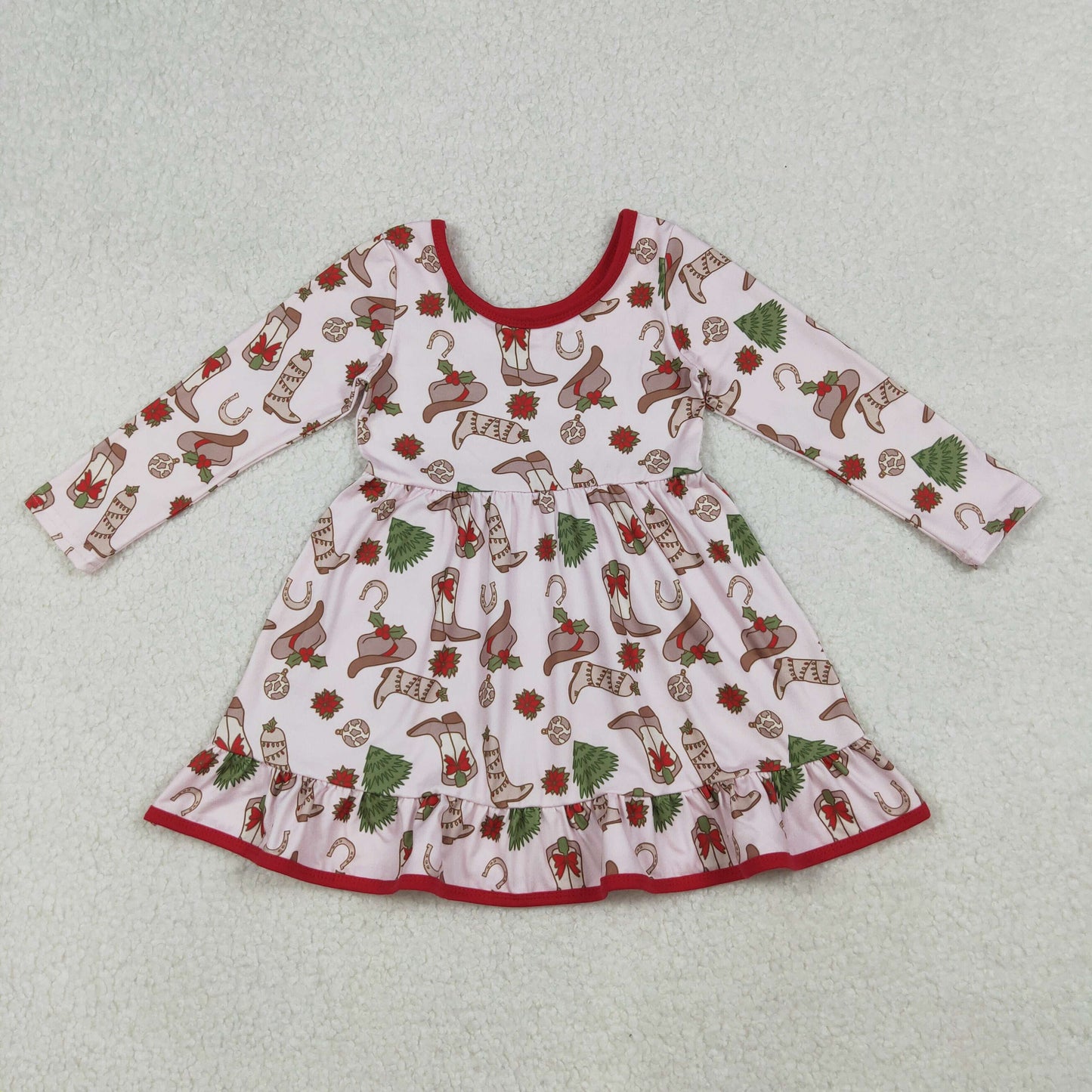 GLD1274 Boots Hat Holly Print Girls Christmas Knee Length Dress