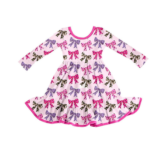 (Pre-order)GLD1275 HOWDY Hot Pink Bows Print Girls Western Knee Length Dress