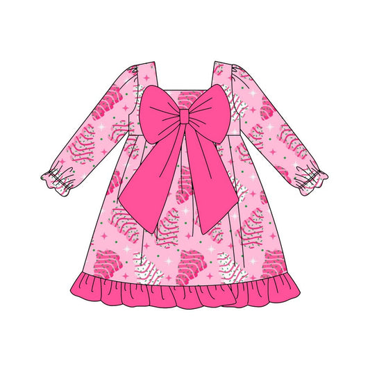 (Pre-order)GLD1276 Debbie Cake Pink Print Girls Christmas Knee Length Bow Dress