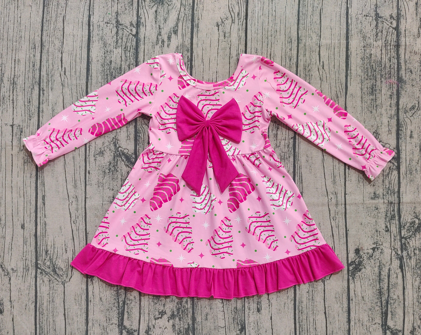 (Pre-order)GLD1276 Debbie Cake Pink Print Girls Christmas Knee Length Bow Dress