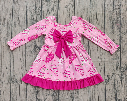 (Pre-order)GLD1276 Debbie Cake Pink Print Girls Christmas Knee Length Bow Dress