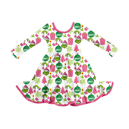 (Pre-order)GLD1277 Green Frog Lights Print Girls Christmas Knee Length Dress