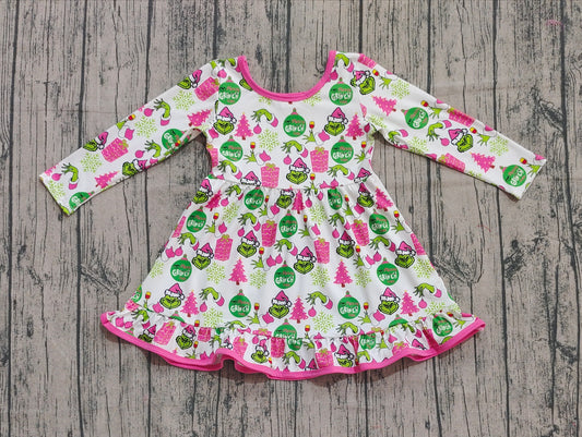 (Pre-order)GLD1277 Green Frog Lights Print Girls Christmas Knee Length Dress