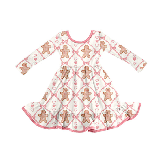 (Pre-order)GLD1278 Gingerbread Bows Print Girls Christmas Knee Length Dress