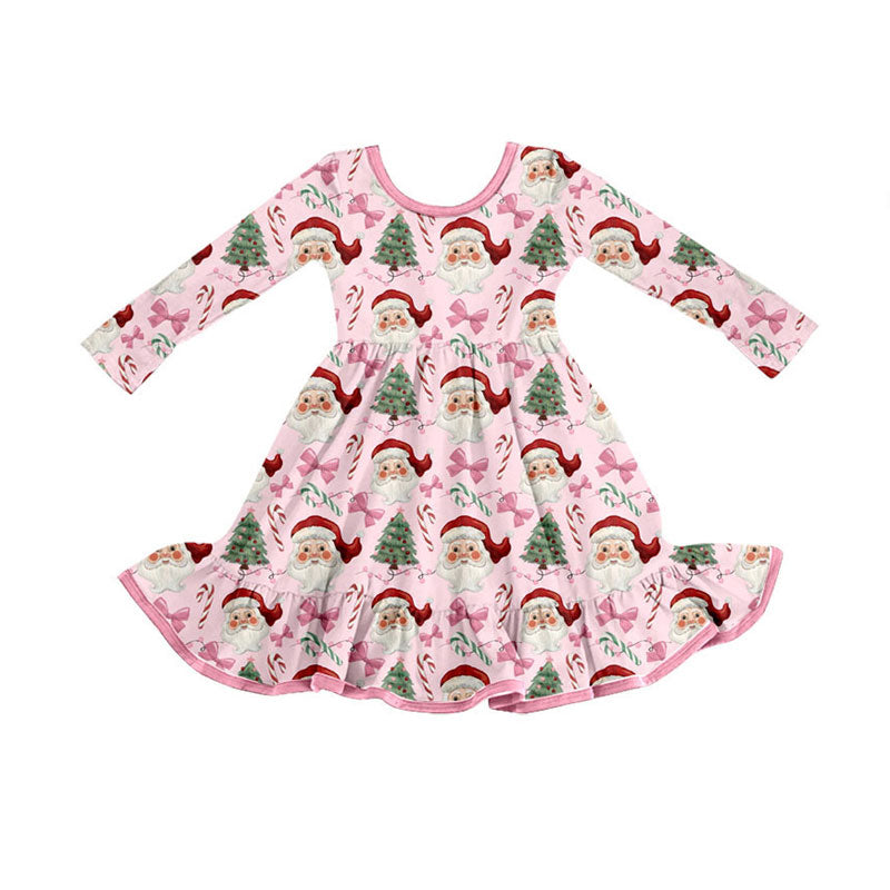 (Pre-order)GLD1279 Santa Pink Bows Print Girls Christmas Knee Length Dress