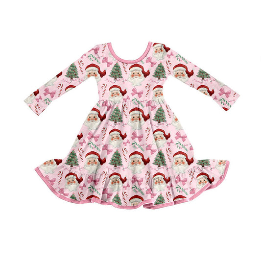 (Pre-order)GLD1279 Santa Pink Bows Print Girls Christmas Knee Length Dress
