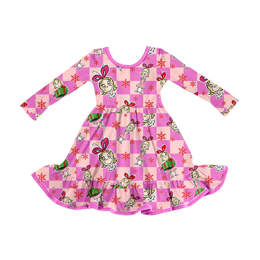 (Pre-order)GLD1281 Cartoon Characters Pink Plaid Print Girls Christmas Knee Length Dress
