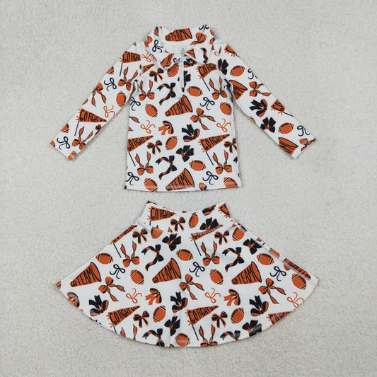 GLD1285 Go Team Cheer Bows Orange Zipper Top Skirts Shorts Girls Yoga Outfits