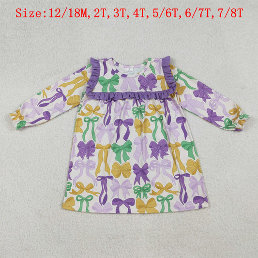 GLD1295 Colorful Bows Print Girls Mardi Gras Knee Length Dress