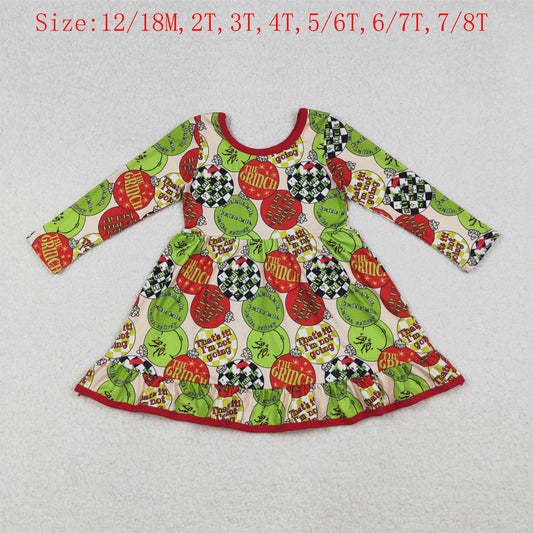 GLD1296 Holiday Lights Green Frog Print Girls Christmas Knee Length Dress