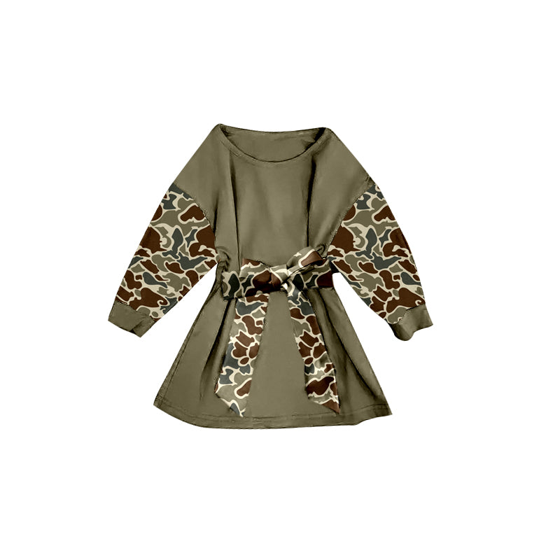 (Pre-order)GLD1303 Brown Camo Print Girls Long Sleeve Knee Length Dress