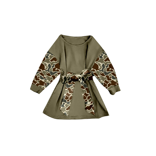 (Pre-order)GLD1303 Brown Camo Print Girls Long Sleeve Knee Length Dress
